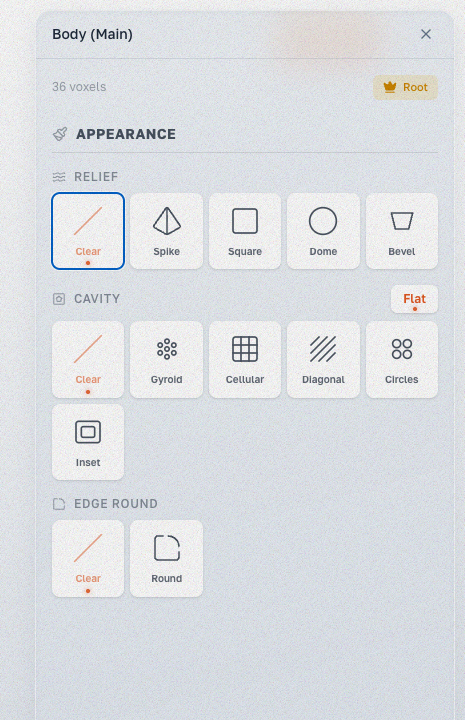 Appearance panel — Relief, Cavity & Edge Round sections