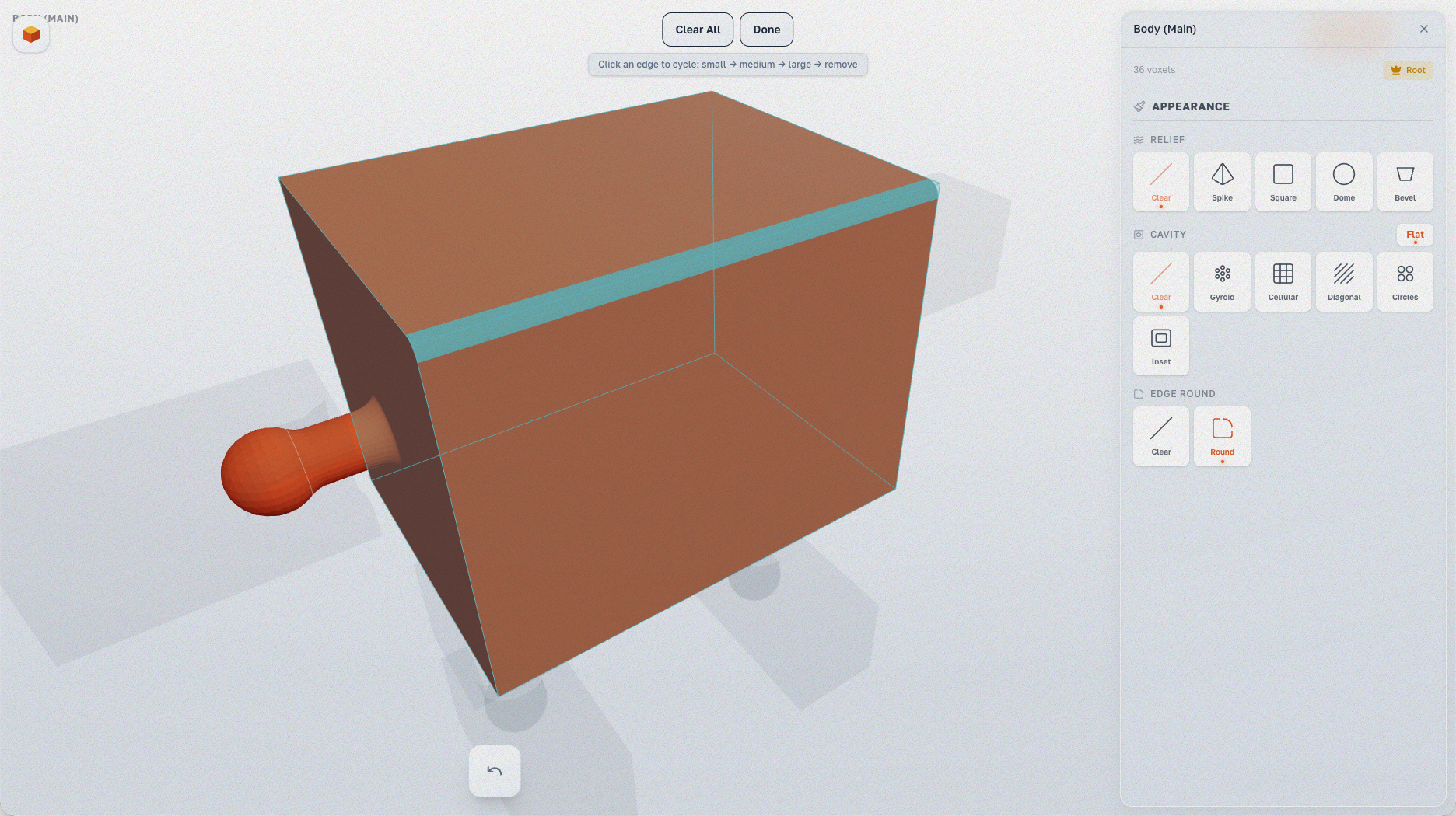 Row of faces selected for rounding (cyan highlight)