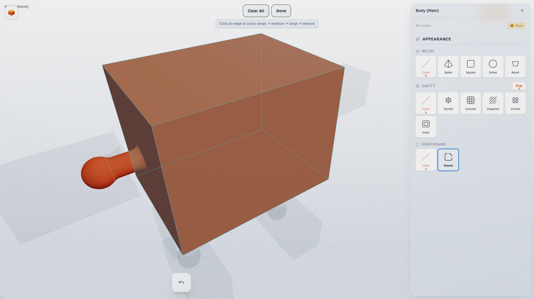 Round mode — selecting faces for rounding